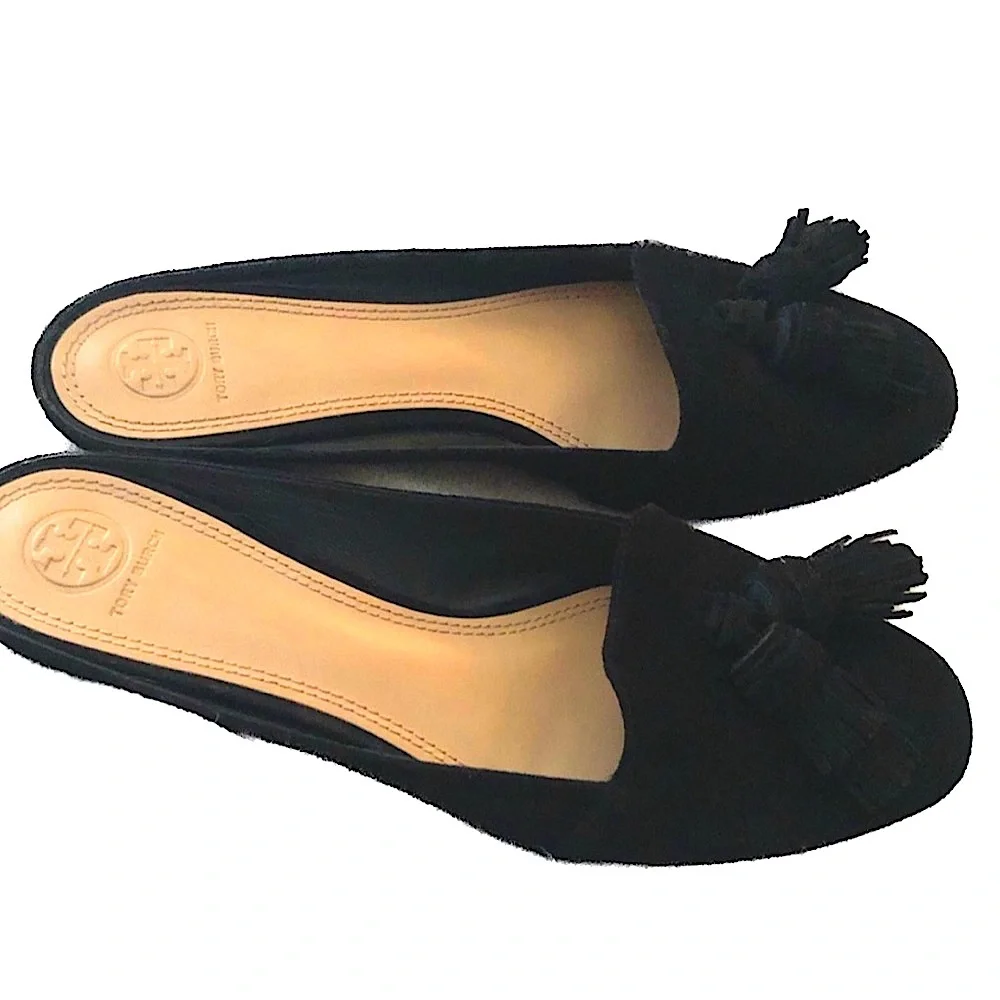 Tory Burch Salinas Tassel Mule Black Suede Slide Size 9